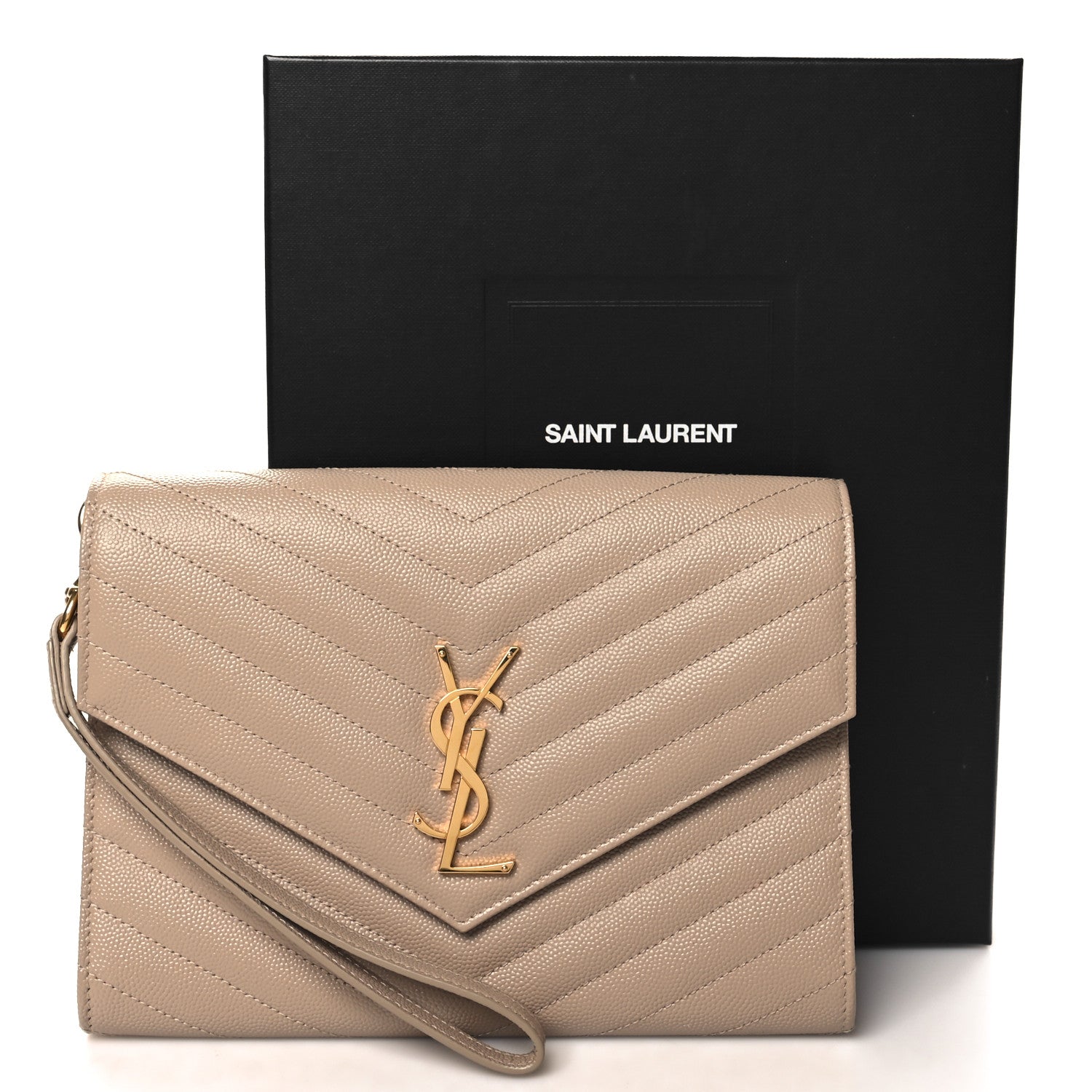 Saint Laurent Grain De Poudre Matelasse Chevron Monogram Cassandre Flap Pouch Dark Beige 11 of 11