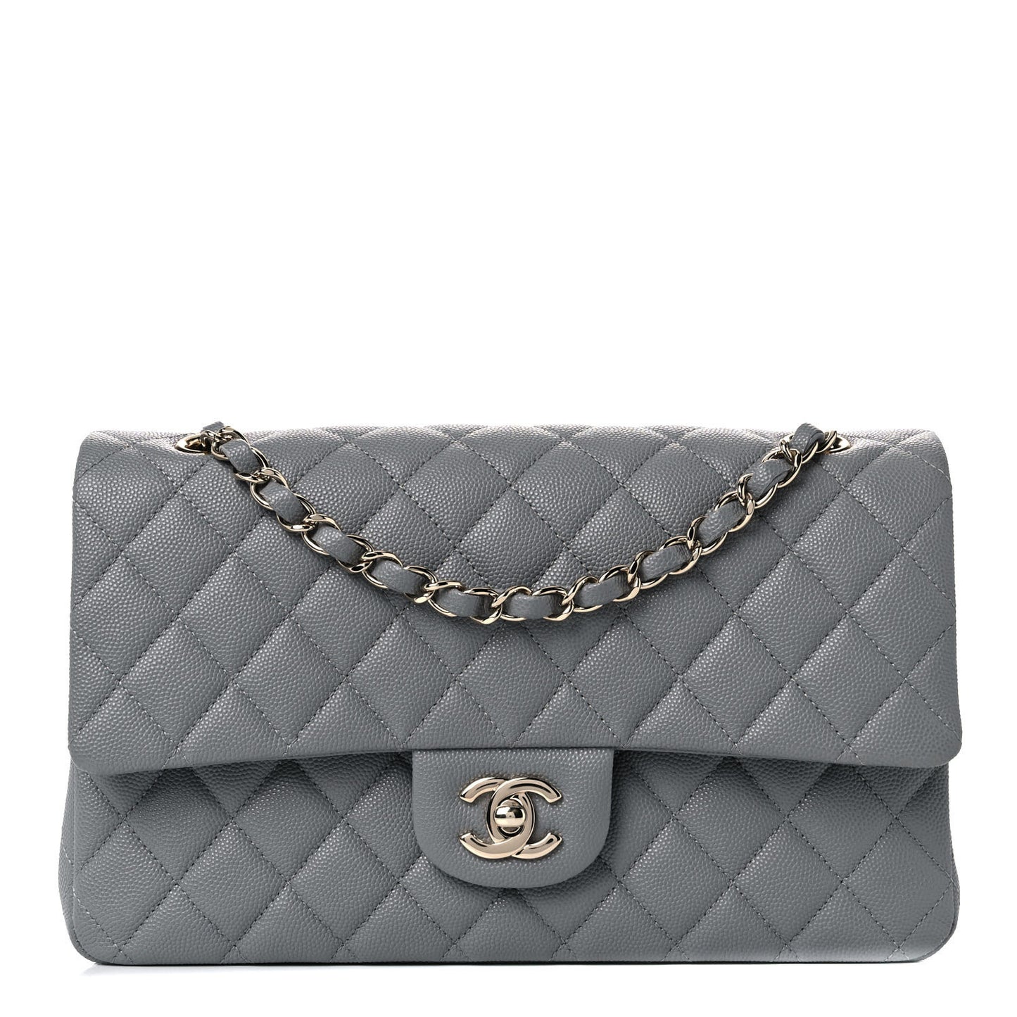 Caviar Quilted Medium Double Flap Grey