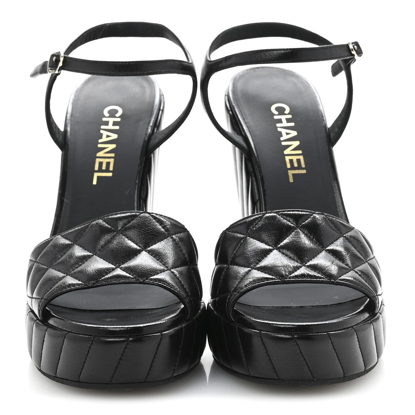 Shiny Lambskin Quilted Platform Sandals 38.5 Black