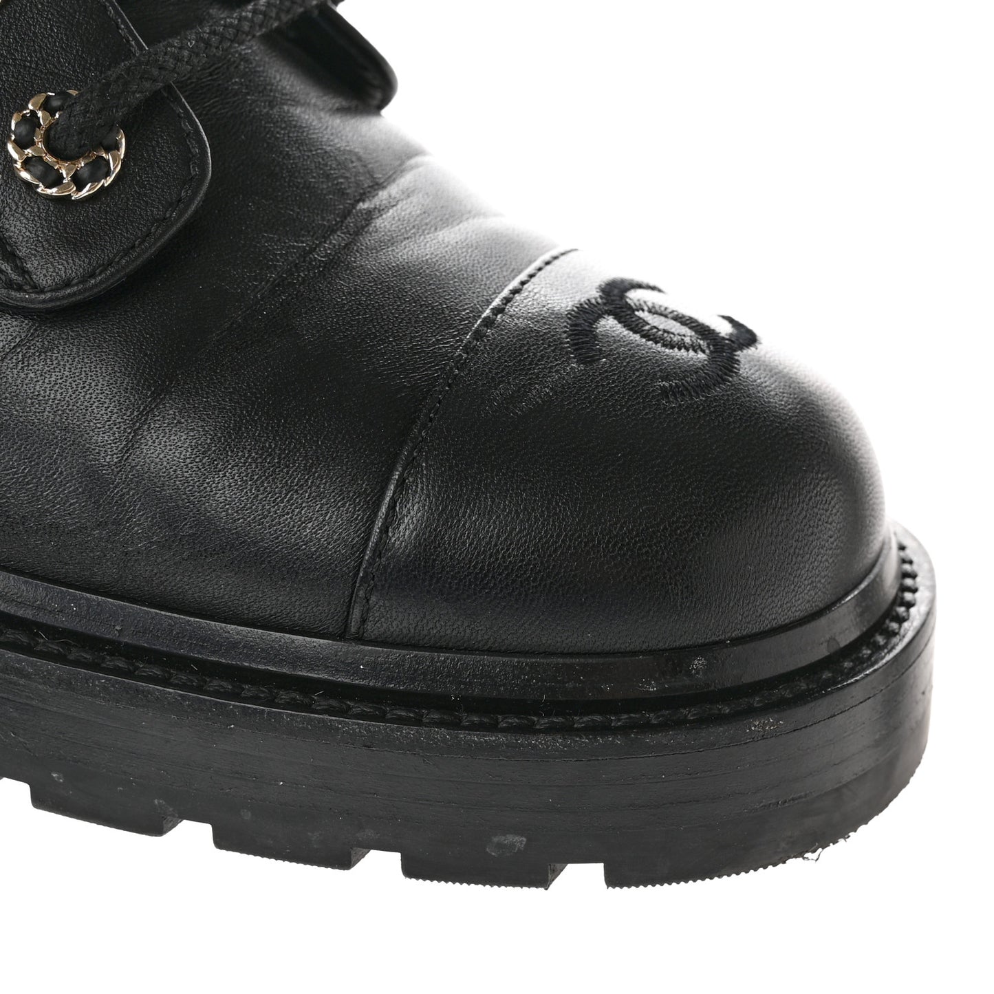 Shiny Lambskin Quilted Lace Up Combat Boots 40.5 Black