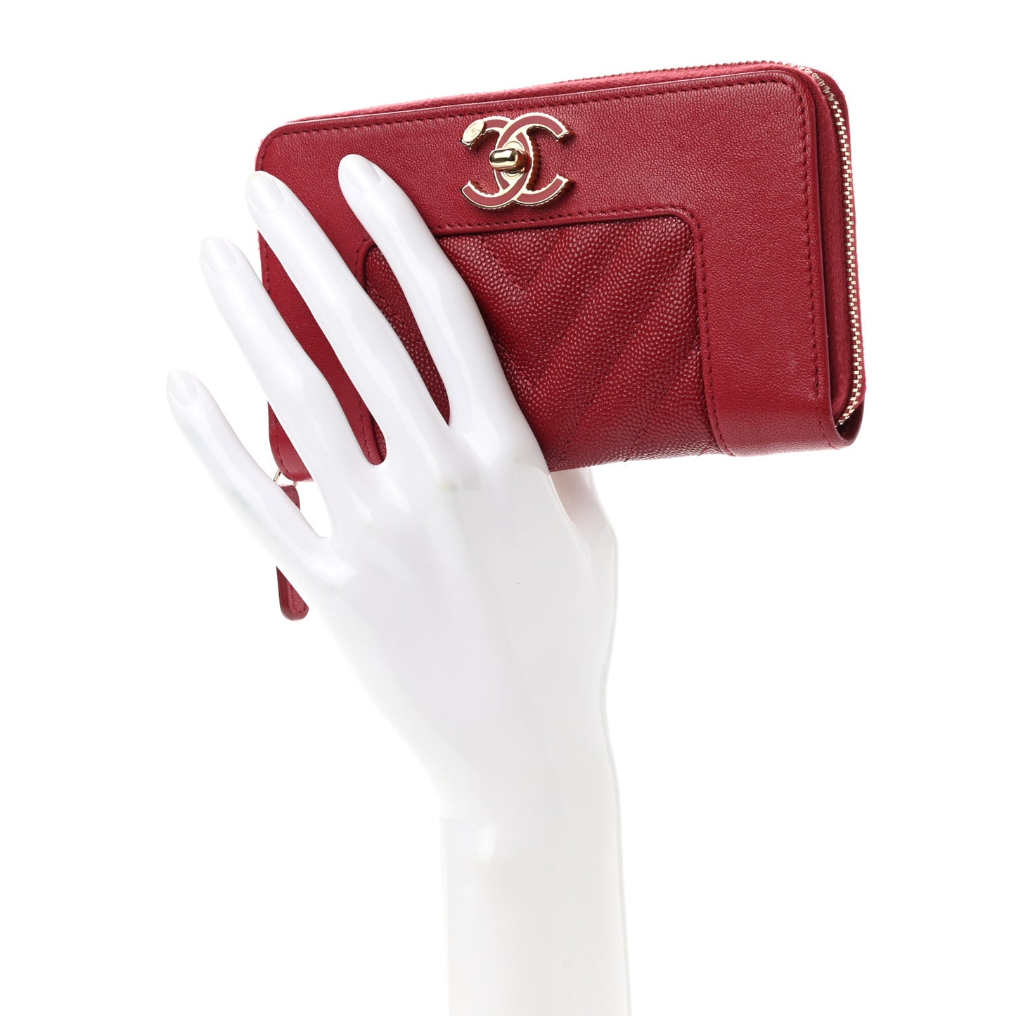Sheepskin Caviar Chevron Quilted Medium Mademoiselle Vintage Zip Around Wallet Red