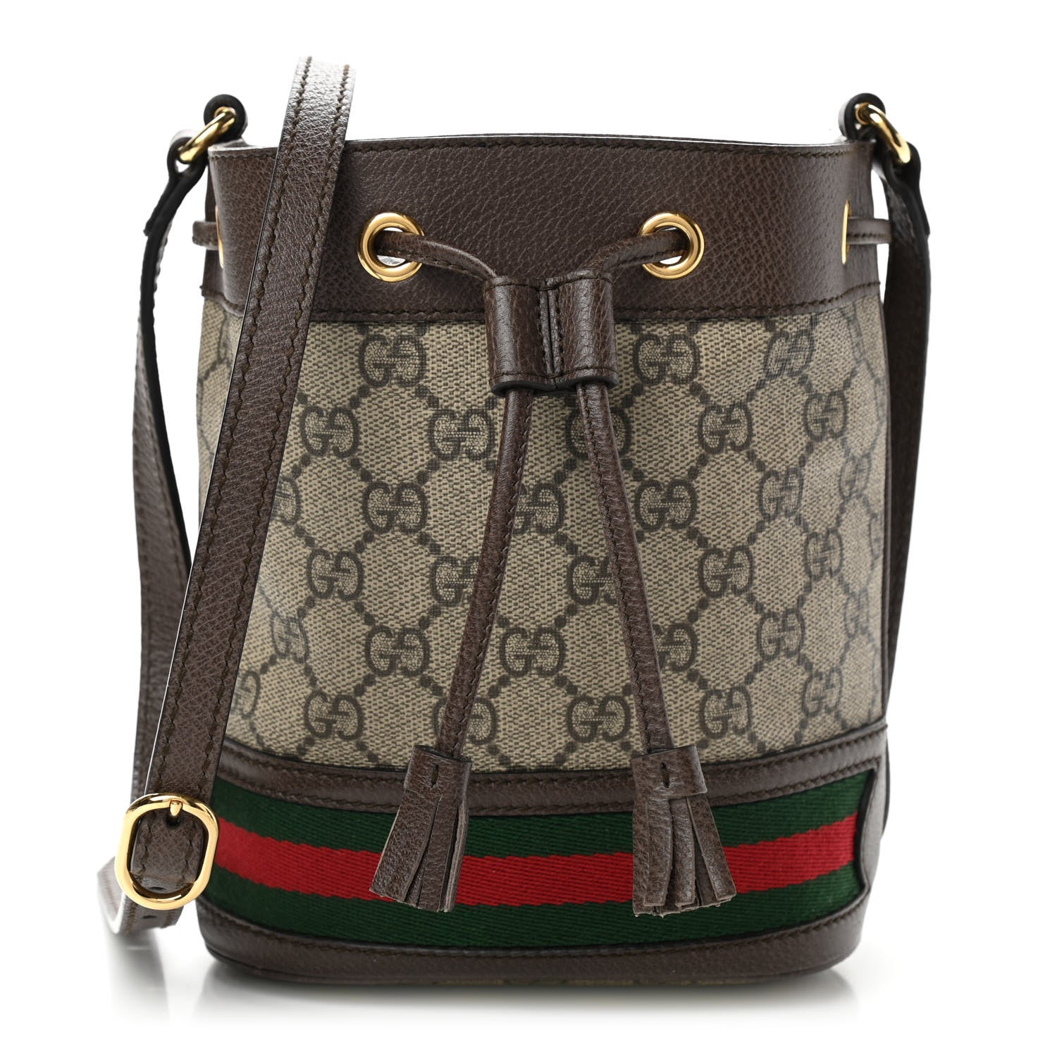 Gucci GG Supreme Monogram Web Mini Ophidia Bucket Bag Brown 1 of 11