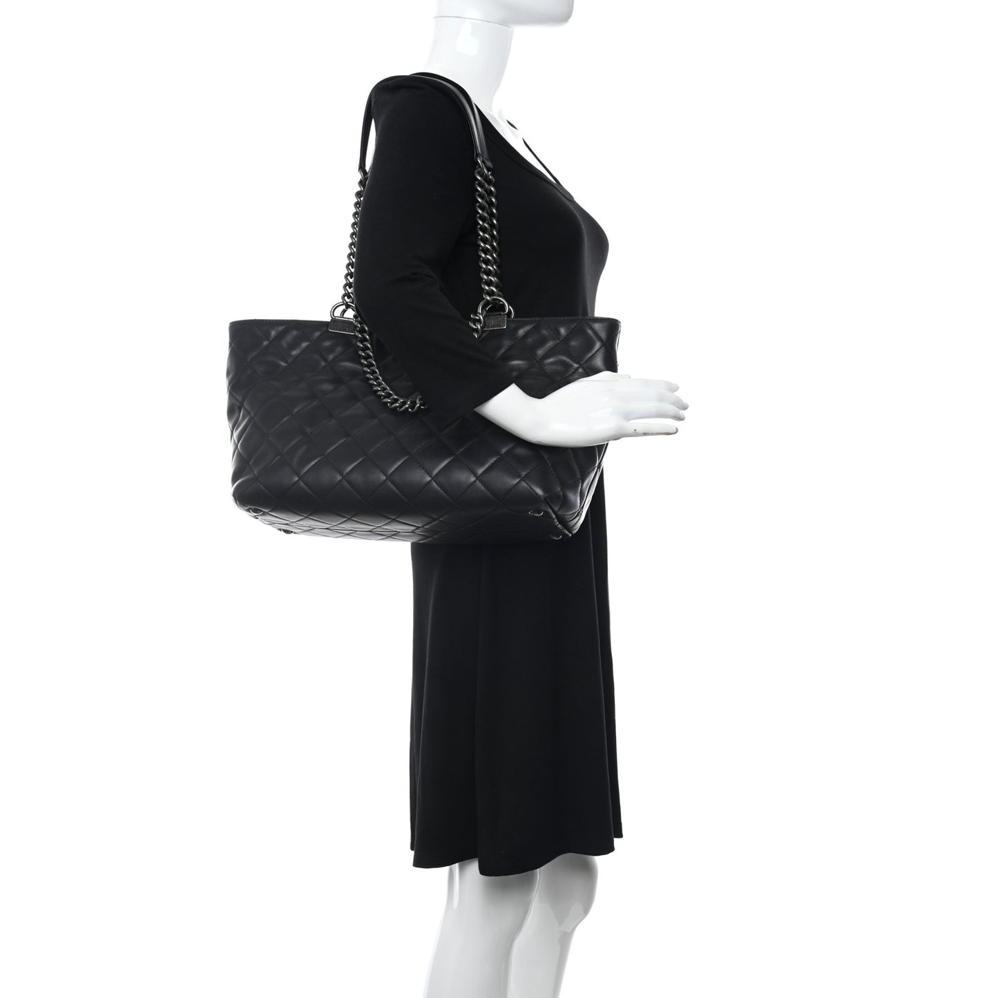 Calfskin Quilted Small Shopping In Chains Tote Black