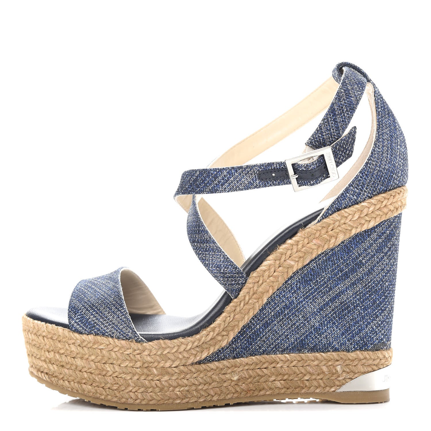 Jimmy Choo Denim Braided Portia 120 Platform Wedge Sandals 39 Navy 1 of 10