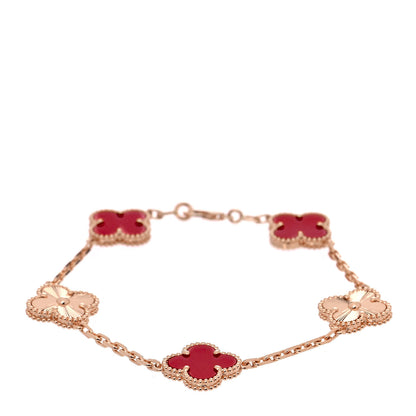 Van Cleef & Arpels 18K Rose Gold Carnelian 5 Motifs Guilloche Vintage Alhambra Bracelet 1 of 10