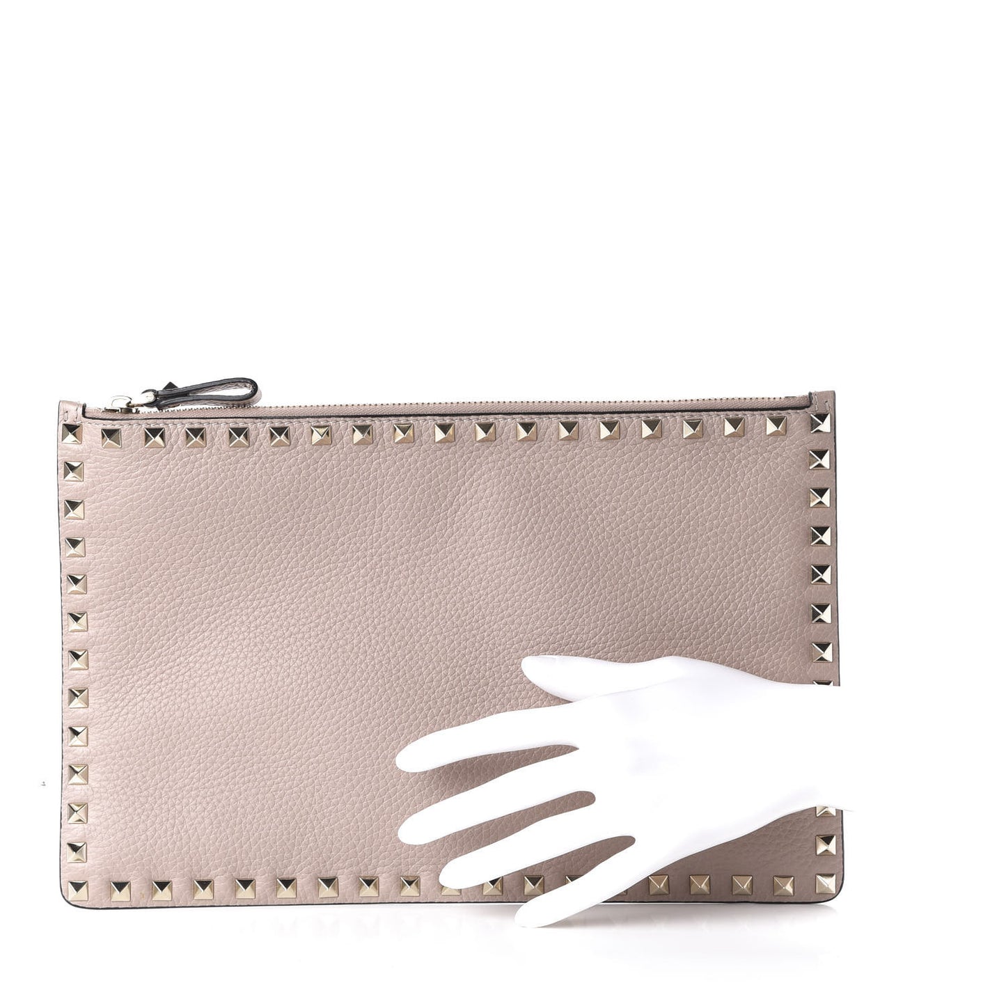 Pebbled Calfskin Large Rockstud Zip Pouch Poudre