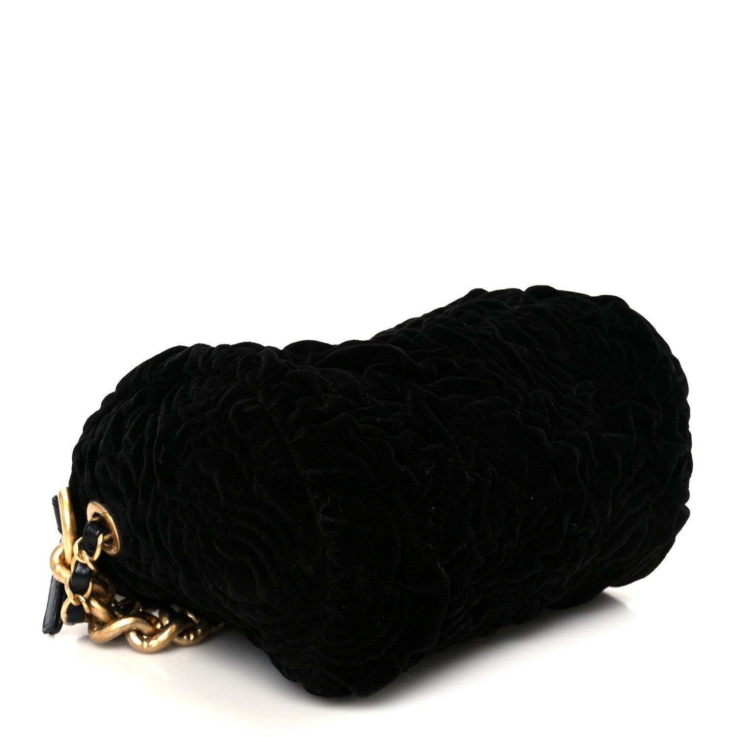 Chanel Velvet Camellia Embossed Barrel Clutch With Chain  Black 4 of 10