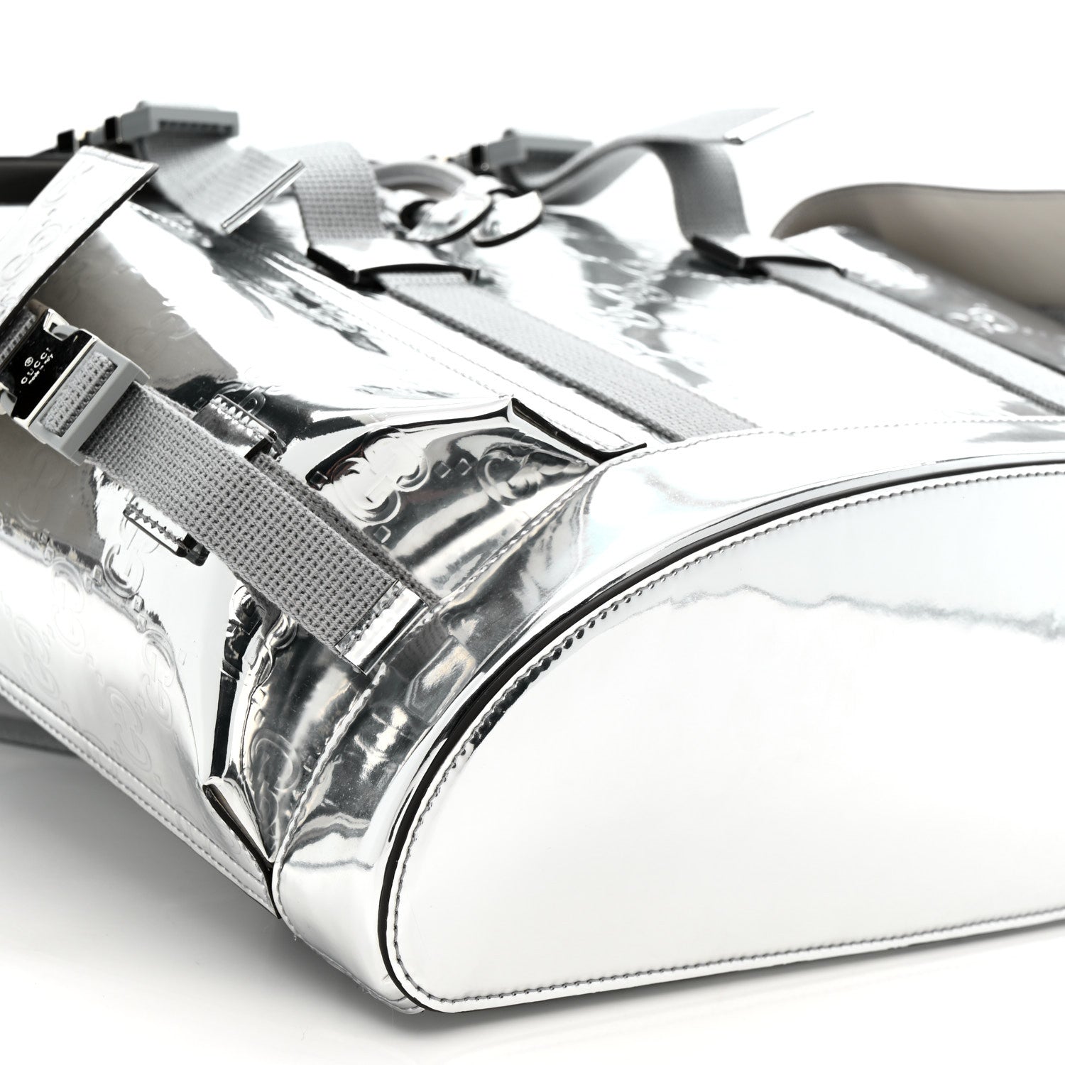 Gucci Mirror Effect GG Monogram Appia Calfskin Web Double Buckle Backpack Silver 8 of 9
