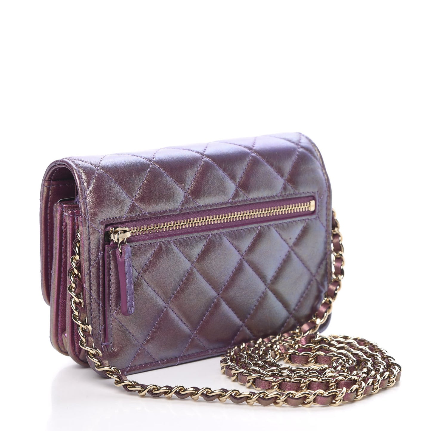 Iridescent Lambskin Quilted Mini Wallet On Chain WOC Purple