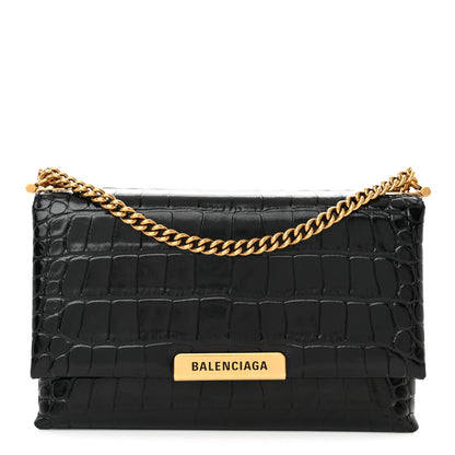 Balenciaga Shiny Extra Supple Calfskin Crocodile Embossed Small Triplet Bag Black 1 of 12