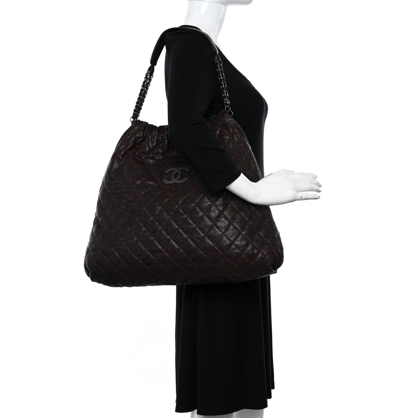 Distressed Glazed Caviar Quilted Large Elastic Tote Dark Brown