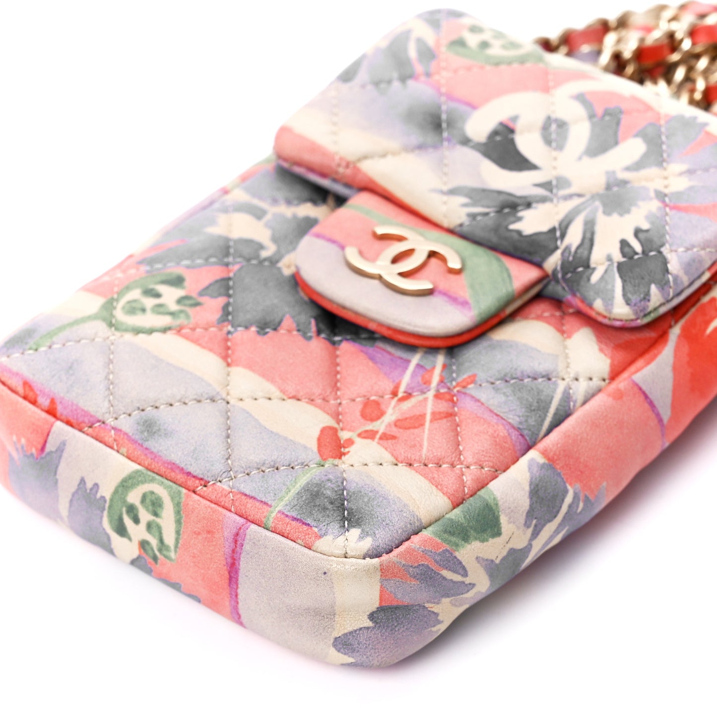 Lambskin Floral Printed Quilted Phone Holder Multicolor