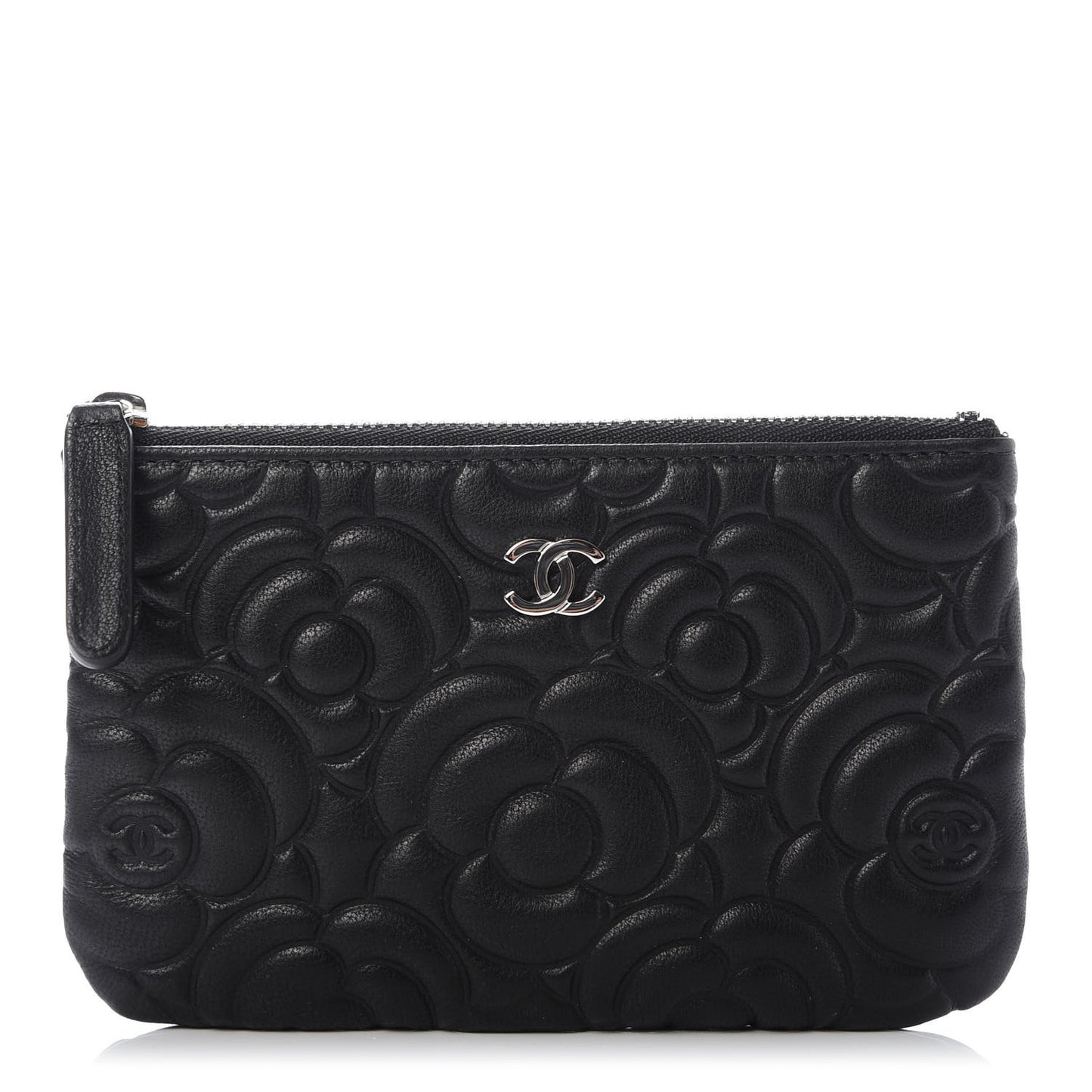 Goatskin Camellia Embossed Cosmetic Pouch Black