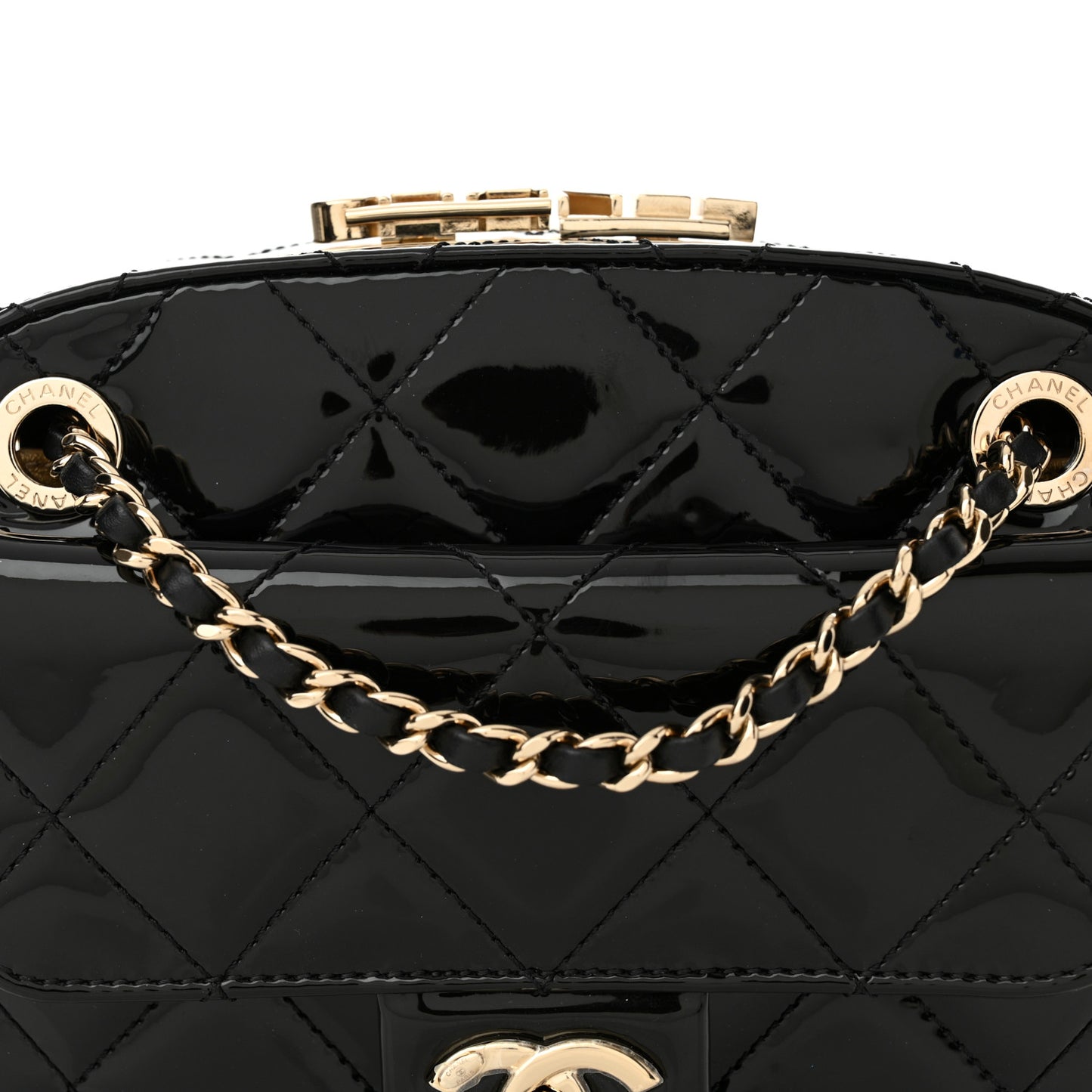 Patent Calfskin Quilted Mini Camera Case Black