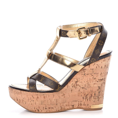 Louis Vuitton Monogram Metallic T-Strap Cork Wedge Sandals 37 Brown 1 of 10