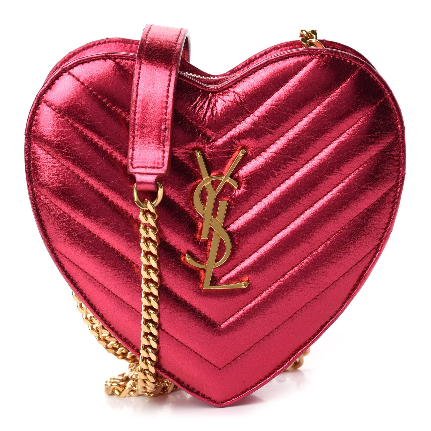 Saint Laurent Metallic Calfskin Matelasse Chevron Monogram Small Love Heart Chain Bag Red 1 of 10