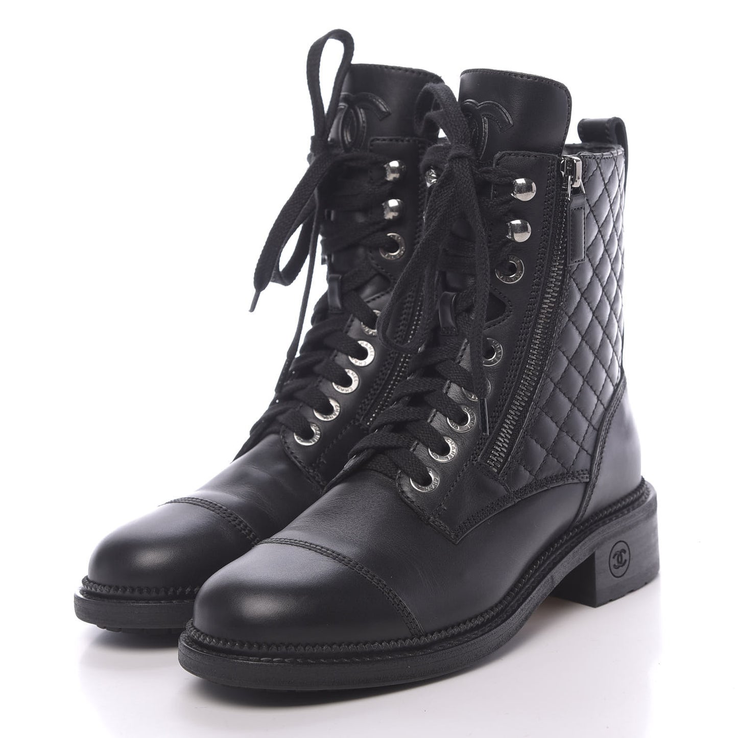 Calfskin Quilted Lace Up Combat Boots 36.5 Black