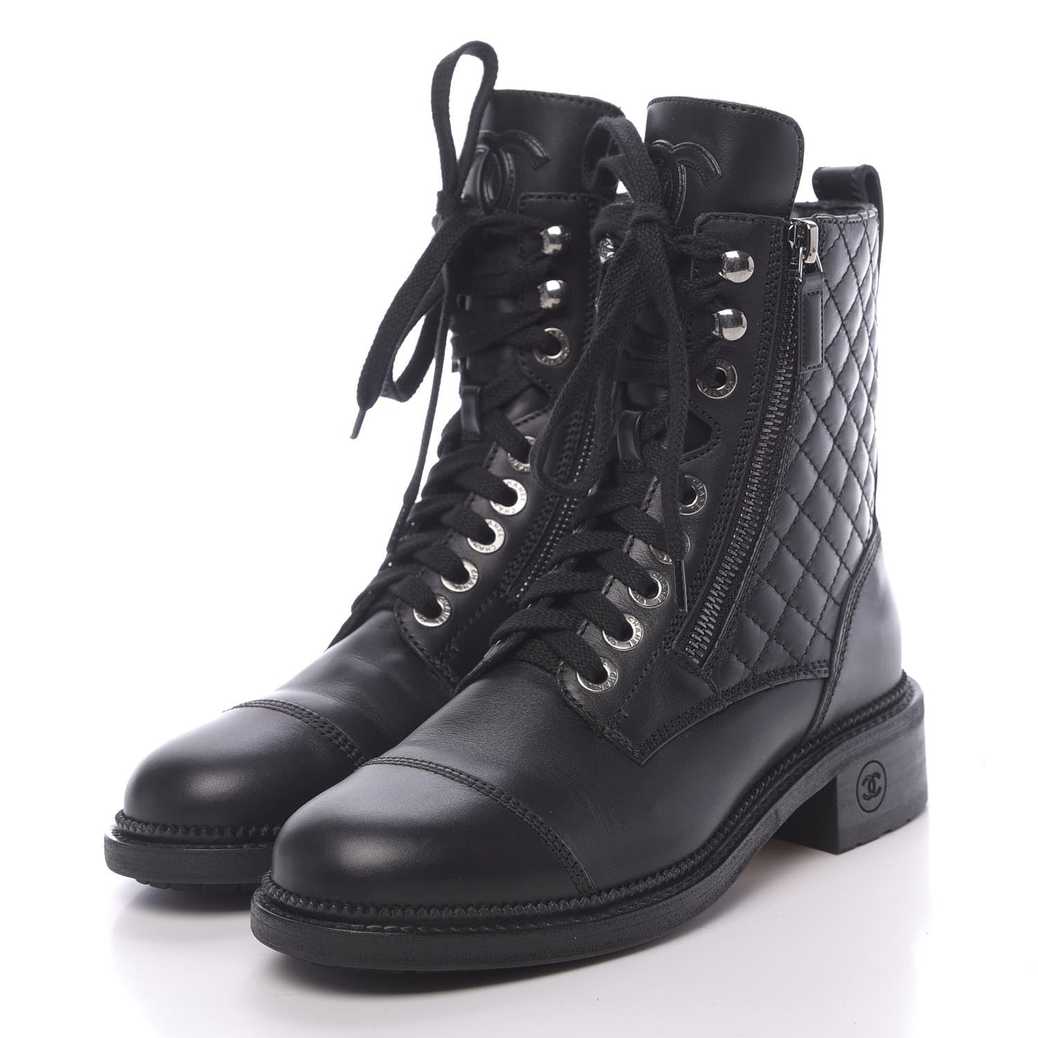 Chanel Calfskin Quilted Lace Up Combat Boots 36.5 Black 3 of 8