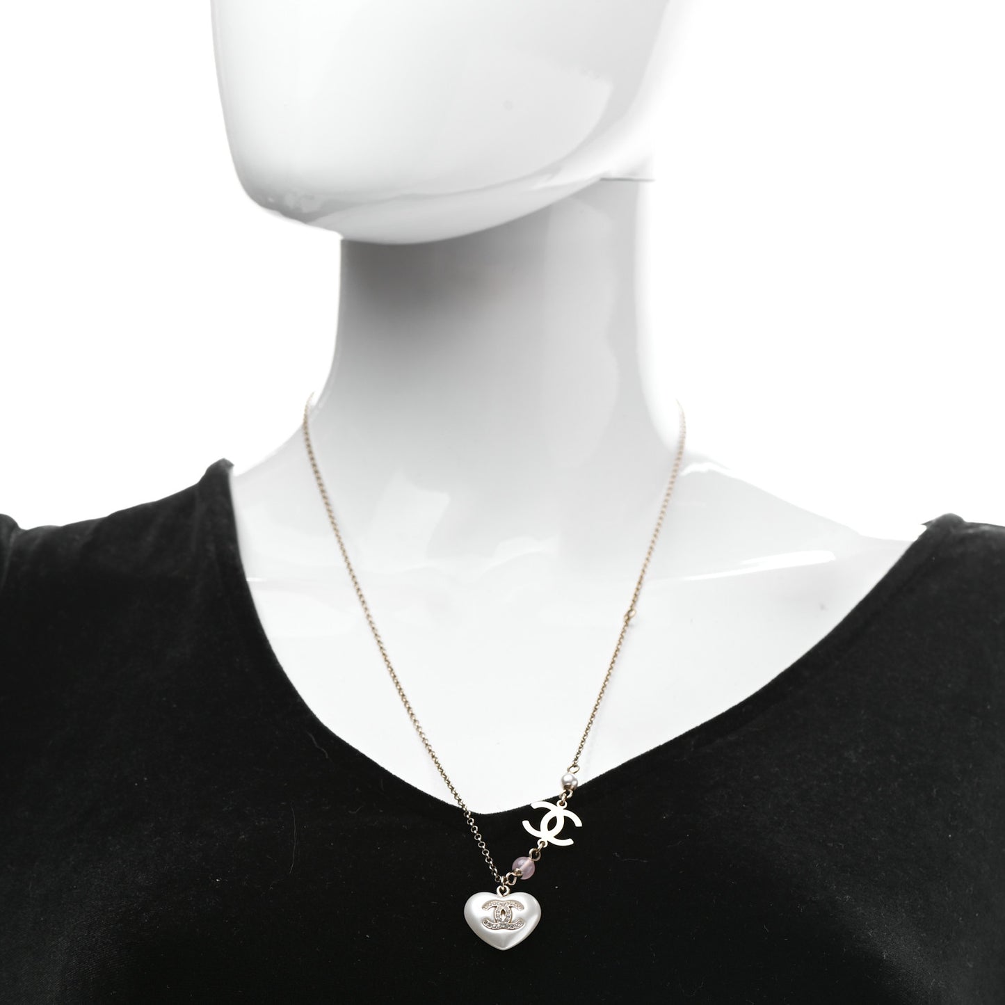 Resin Crystal CC Heart Necklace Pearly White Gold