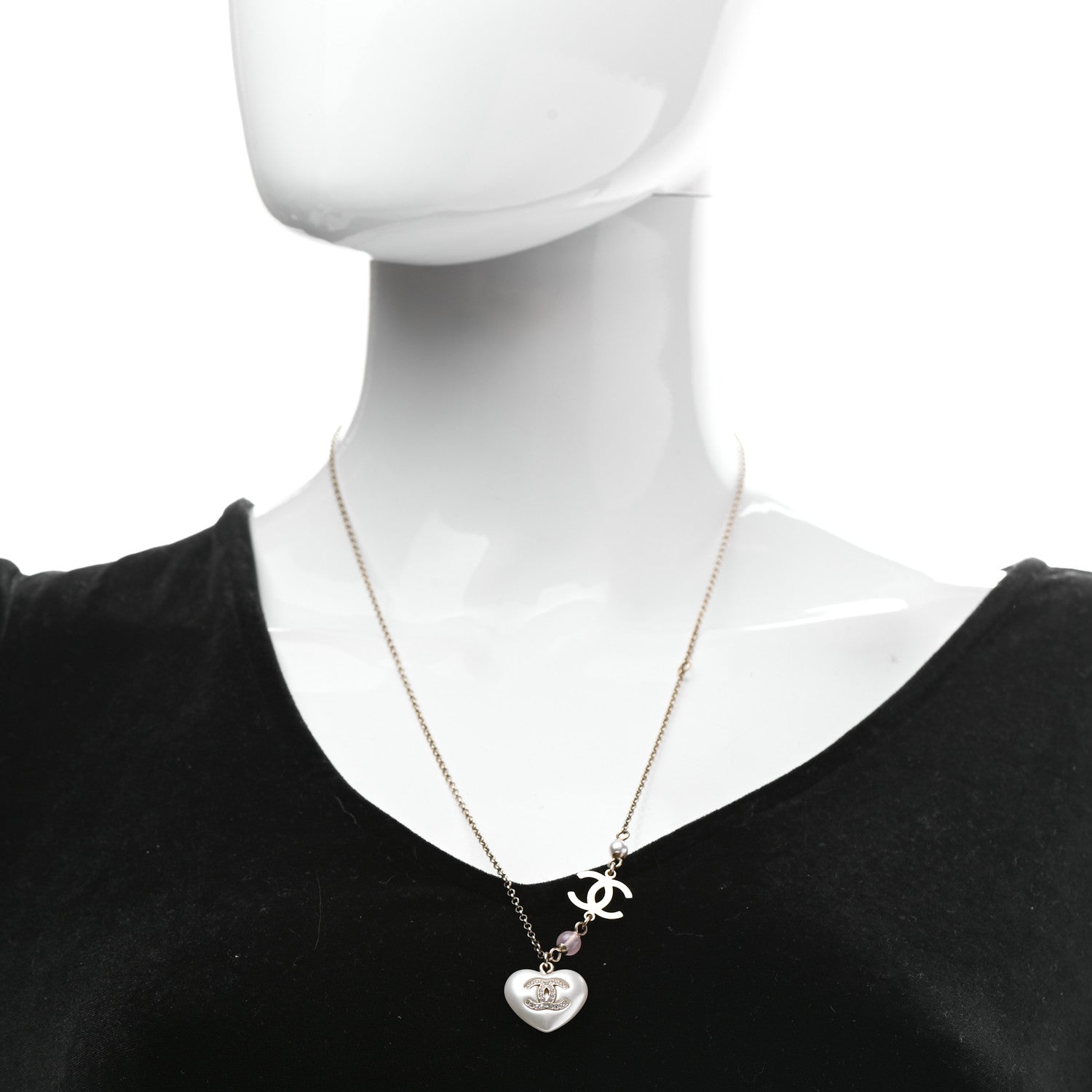 Chanel Resin Crystal CC Heart Necklace Pearly White Gold 2 of 7