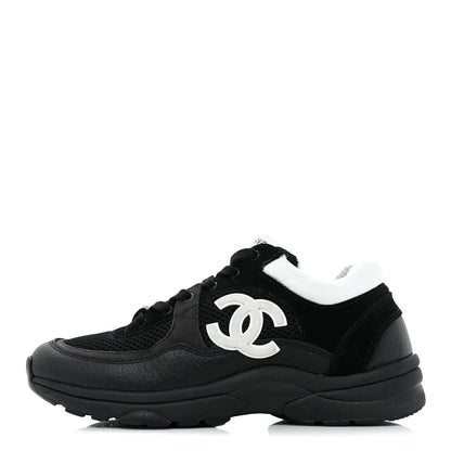 Chanel Mesh Suede Grained Calfskin Womens CC Sneakers 37.5 Black White 1 of 9