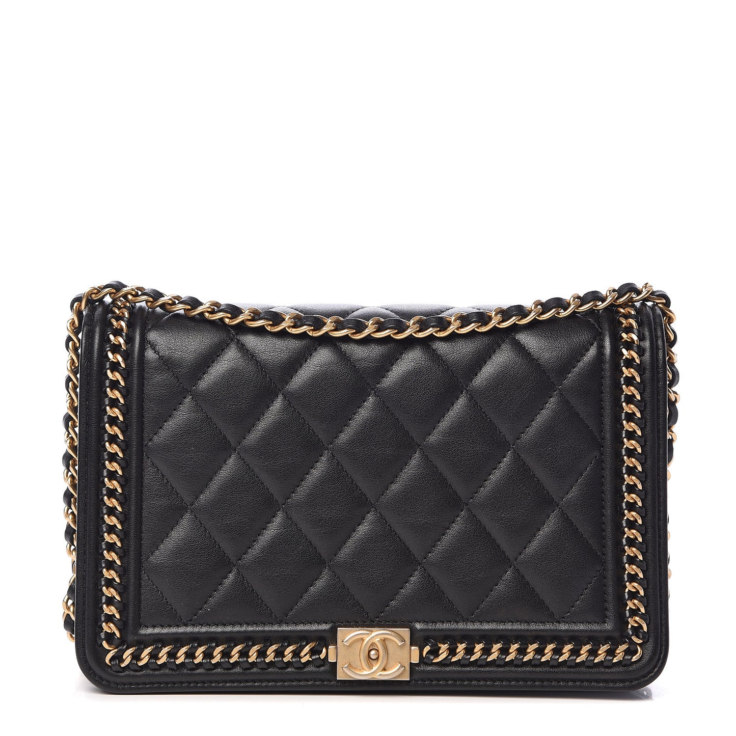 Calfskin Quilted Chain Around Boy Wallet On Chain WOC Black