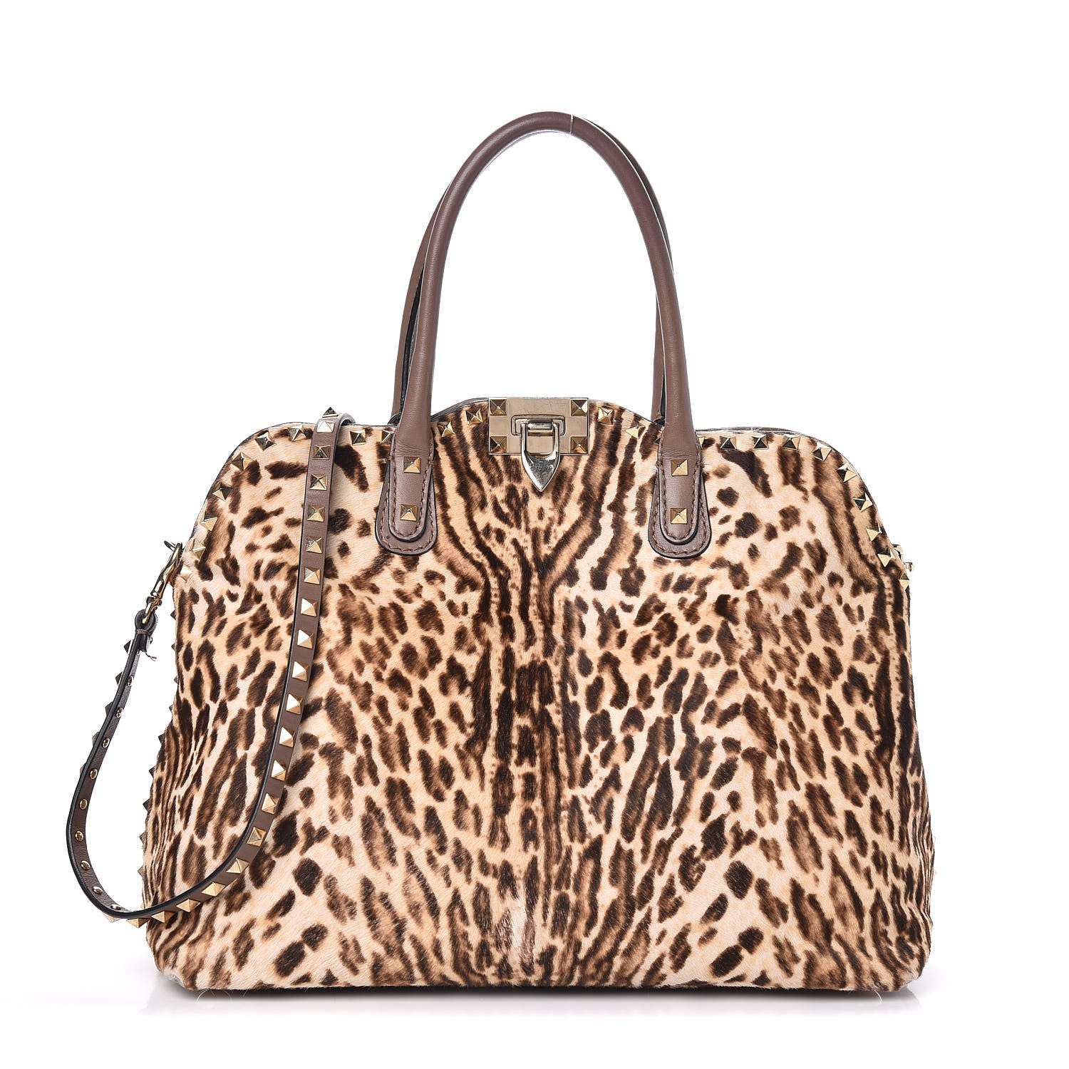 Valentino Garavani Calf Hair Cavallino Animal Rockstud Dome Satchel Leopard 1 of 18