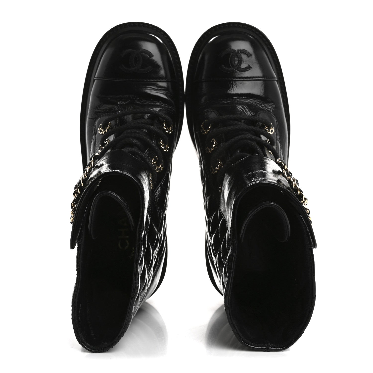 Chanel Shiny Lambskin Quilted Lace Up Combat Boots 37 Black