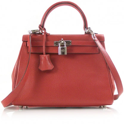 Hermes Chevre Leather KELLY 25 Vermillion w Strap 1 of 13