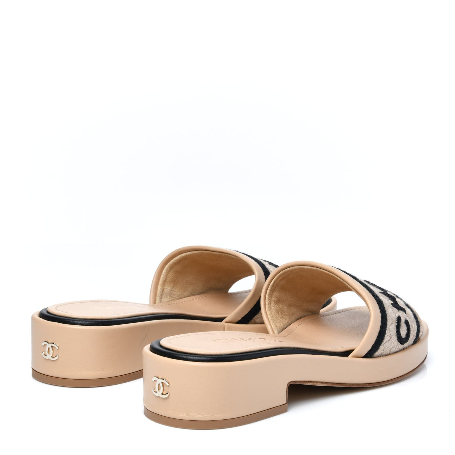 Lambskin Embroidered Logo Mules 36.5 Beige Black
