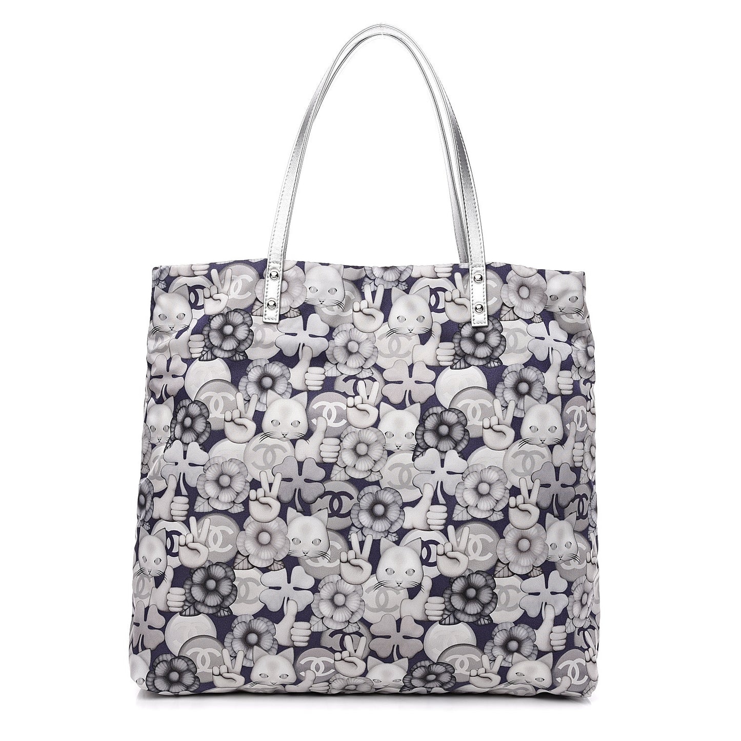 Nylon Cat Emoticon Tote Navy Silver