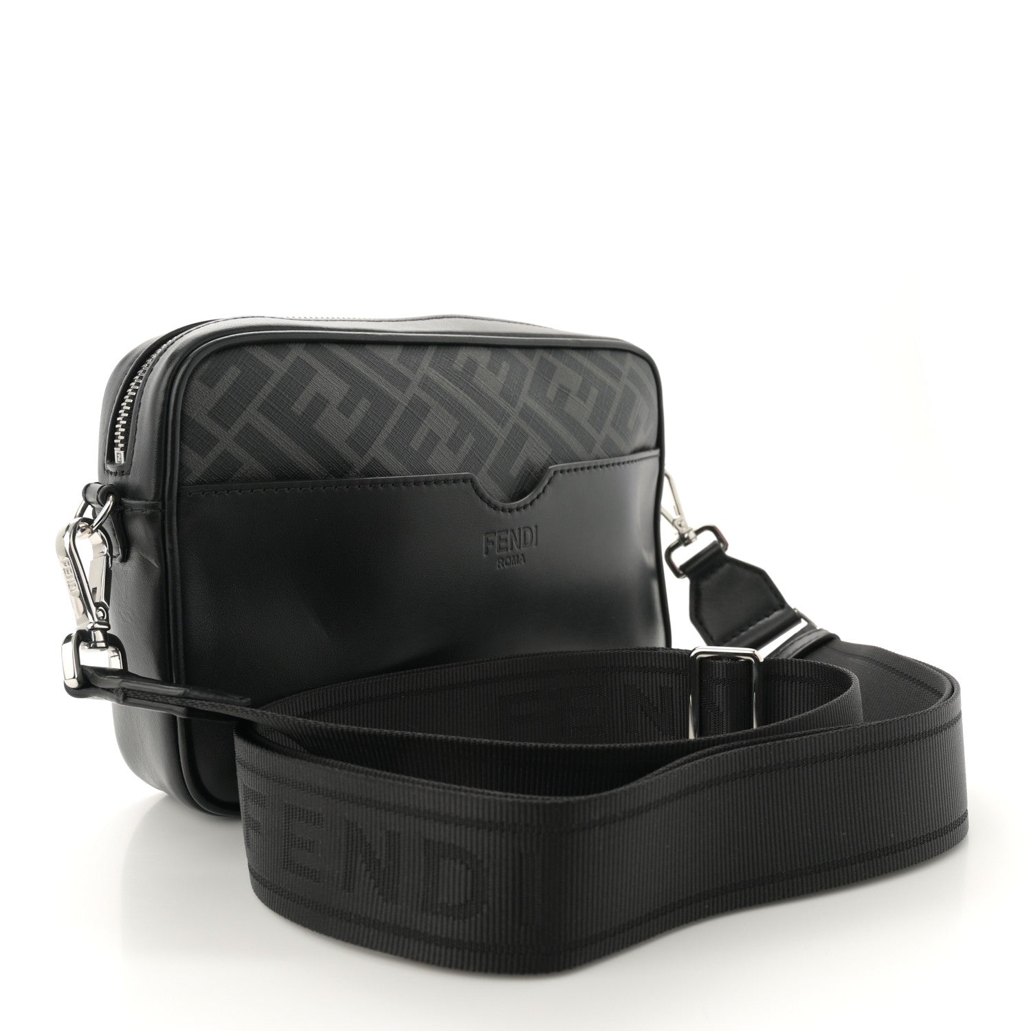 Fendi Shiny Glazed Fabric Vitello Cover FF 1974 Logo Medium Camera Case Black 3 of 12
