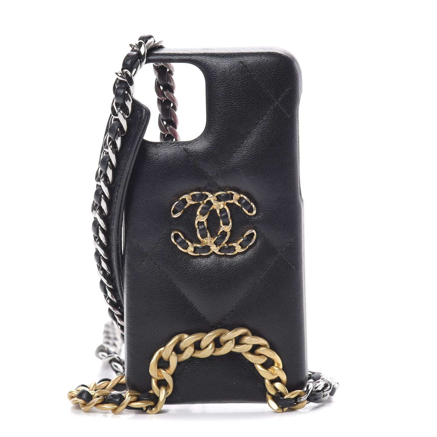 Shiny Goatskin Quilted 19 iPhone XI Pro Holder With Chain Black