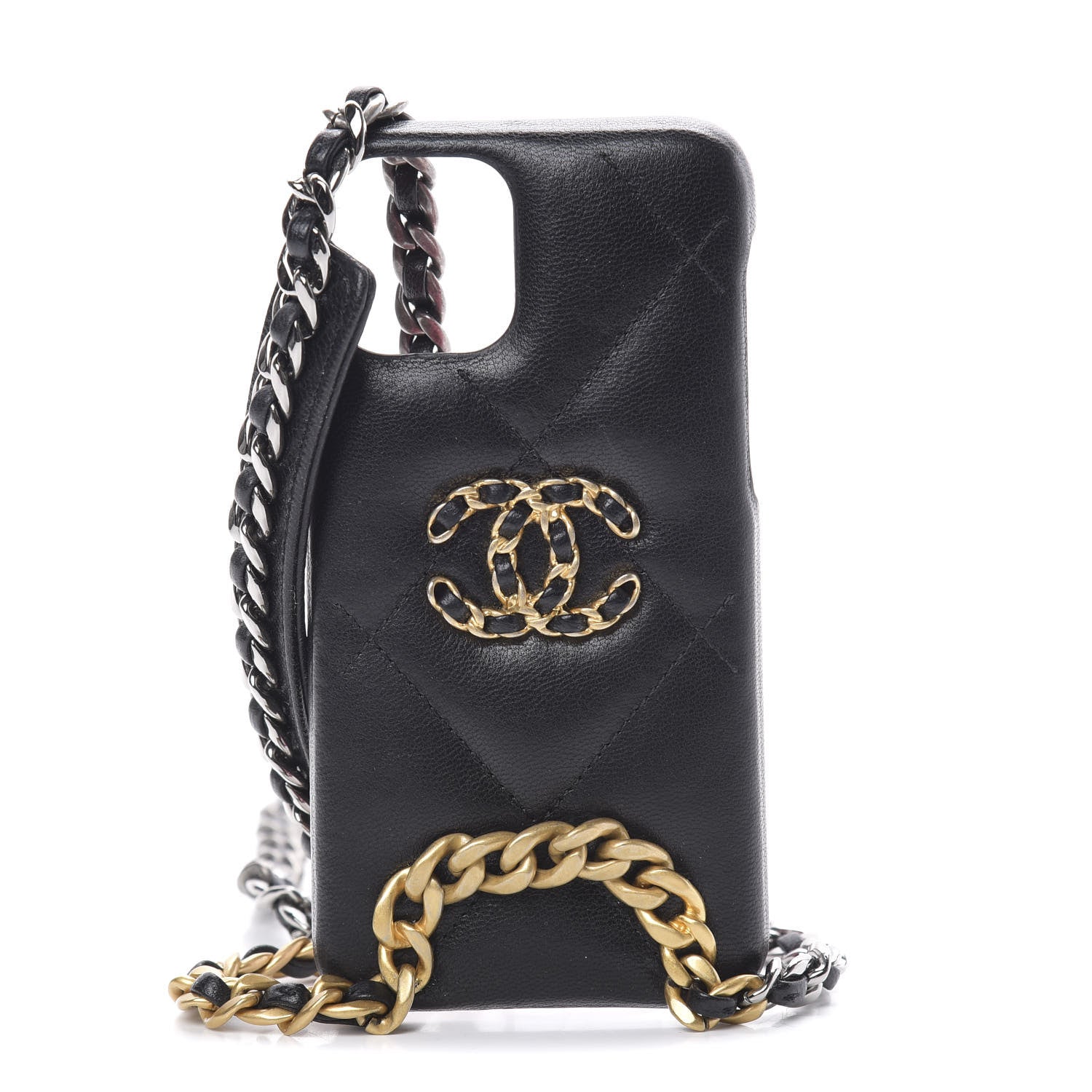 Chanel Shiny Goatskin Quilted 19 iPhone XI Pro Holder With Chain Black 1 of 8