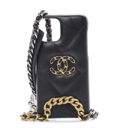 Chanel Shiny Goatskin Quilted 19 iPhone XI Pro Holder With Chain Black 1 of 8