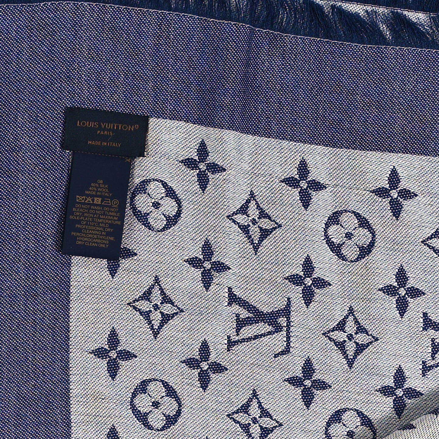 Silk Wool Monogram Denim Shawl Blue