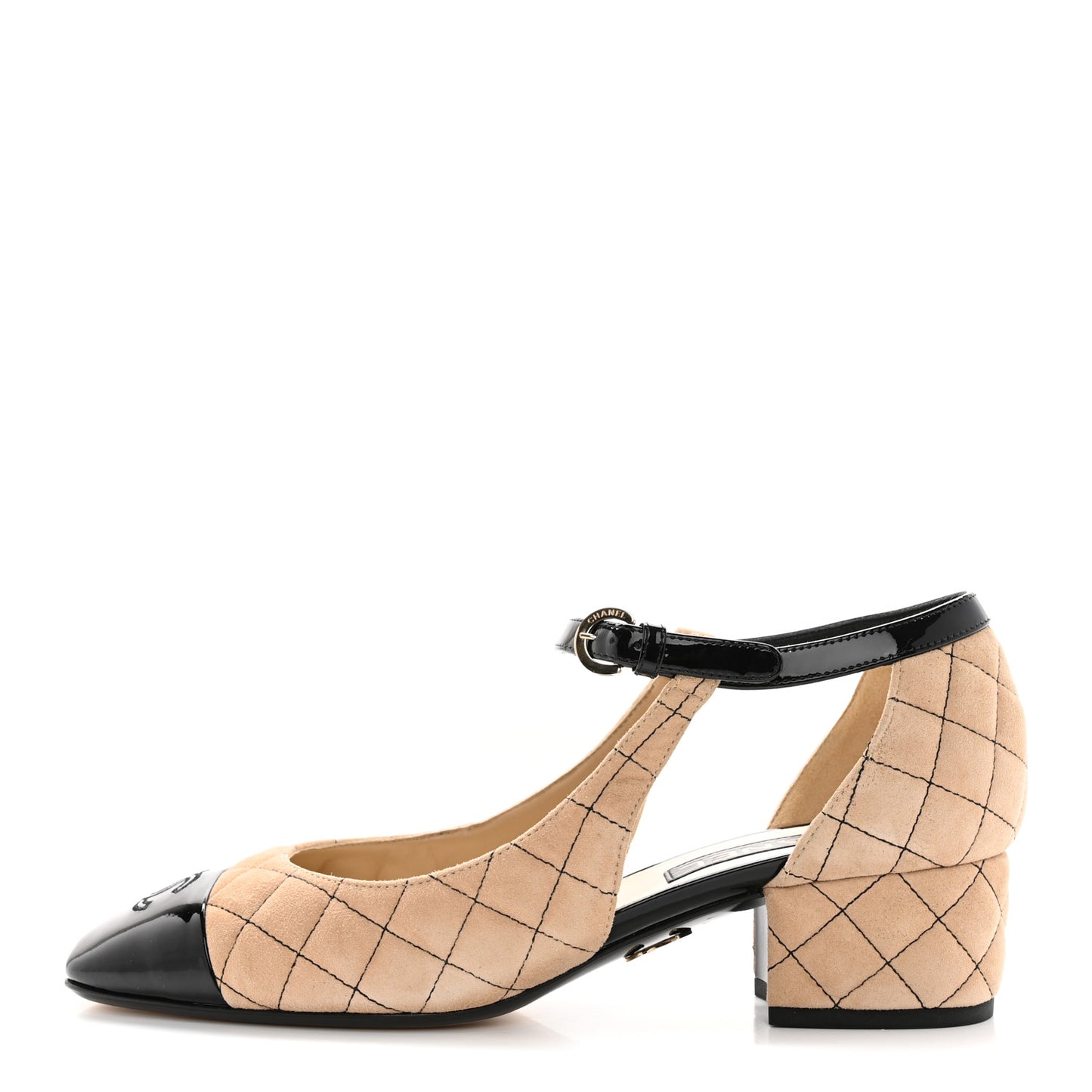 Suede Kidskin Patent Cap Toe Quilted Mary Jane Flats 39.5 Beige Black