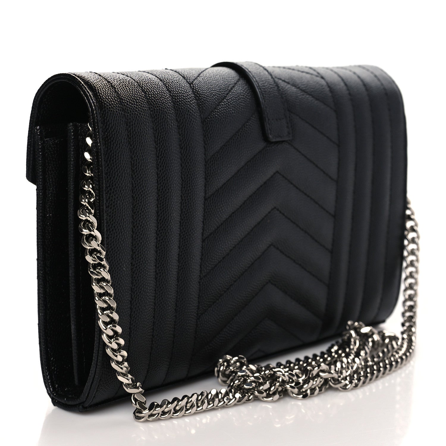 Saint Laurent Grain De Poudre Mixed Matelasse Triquilt Monogram Chain Wallet Black 3 of 9