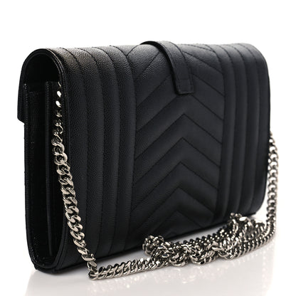 Saint Laurent Grain De Poudre Mixed Matelasse Triquilt Monogram Chain Wallet Black 3 of 9