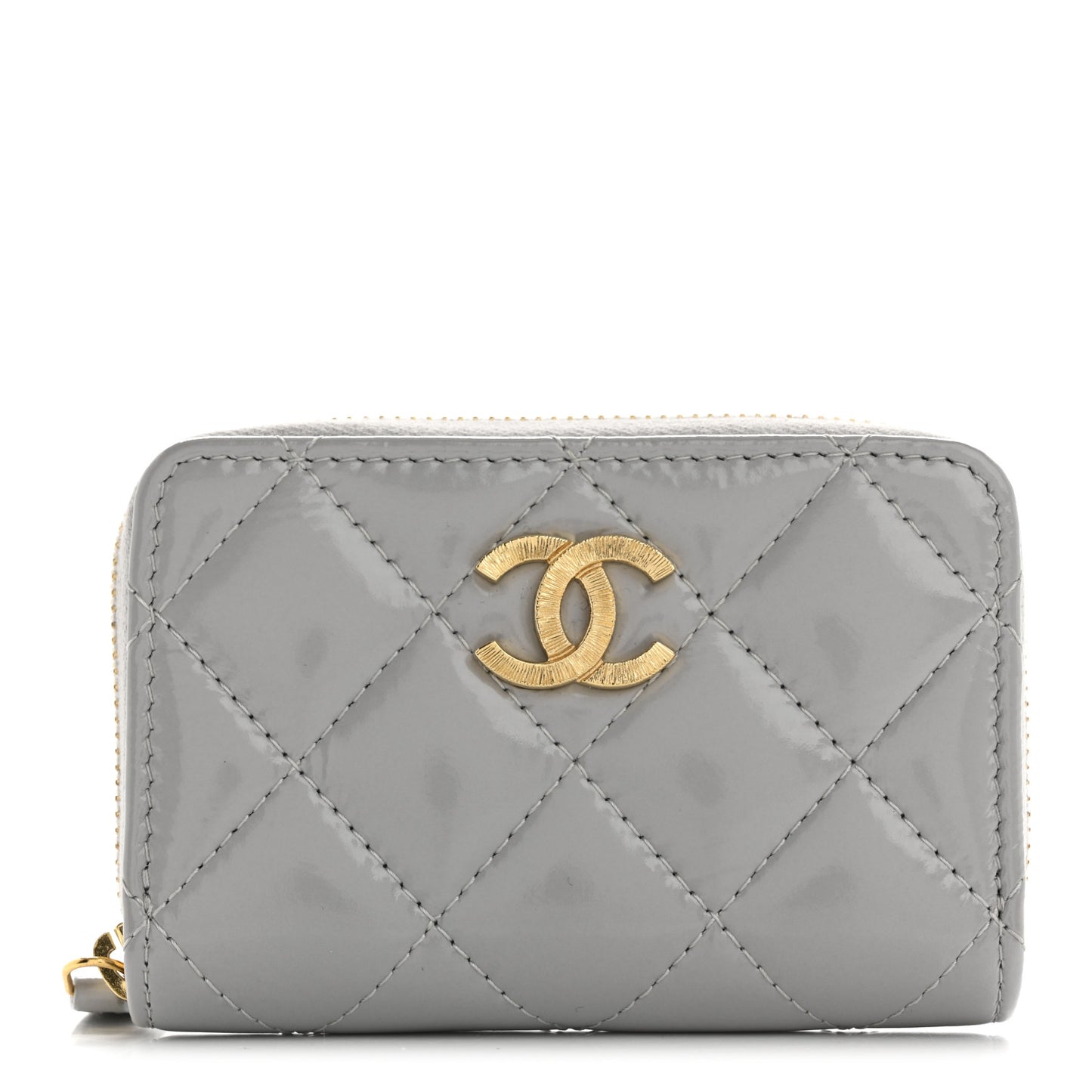 Shiny Lambskin Quilted Textured CC Zip Coin Purse Gris