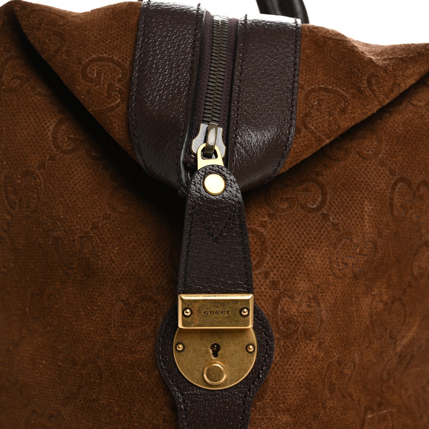 Gucci Suede Jumbo GG Debossed Textured Dollar Calfskin Savoy Travel Bag Wood Brown Chocolate 10 of 12