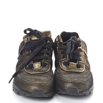 Chanel Metallic Fabric Calfskin Womens CC Sneakers 38 Golden Brown 2 of 8