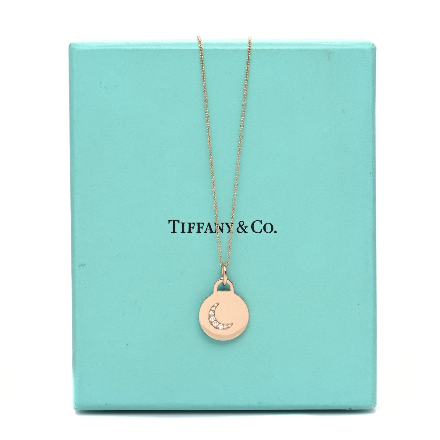 18K Rose Gold Diamond Moon Tag Charm Pendant Necklace