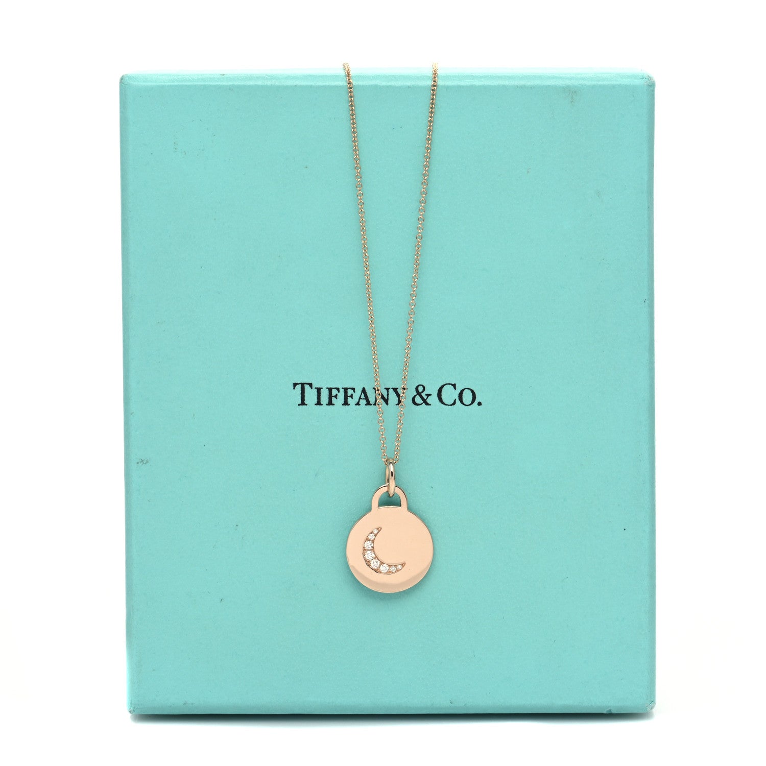 Tiffany 18K Rose Gold Diamond Moon Tag Charm Pendant Necklace 7 of 7