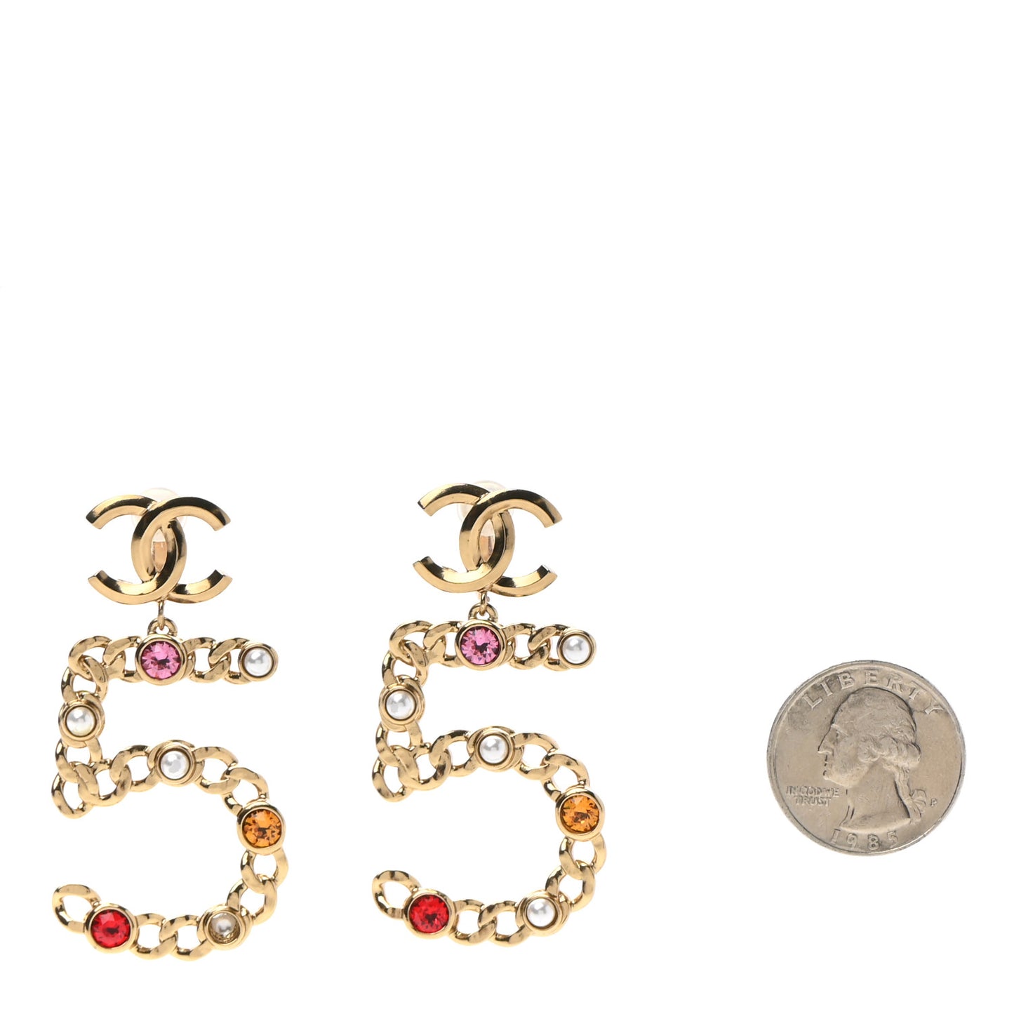 Pearl Crystal Chain CC No 5 Drop Earrings Gold Pink Red Orange