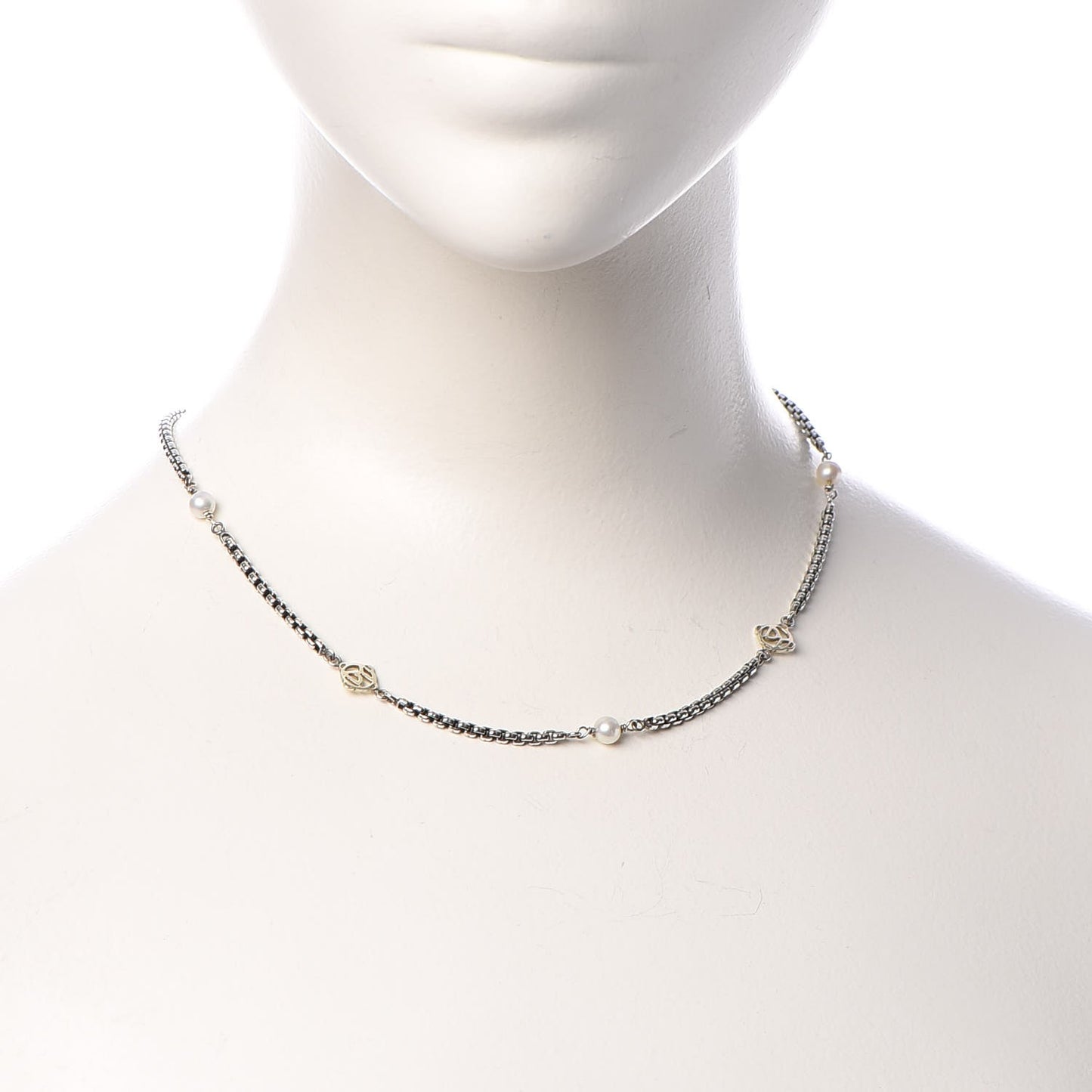 Sterling Silver 14K Yellow Gold Pearl Logo Station Necklace 16"