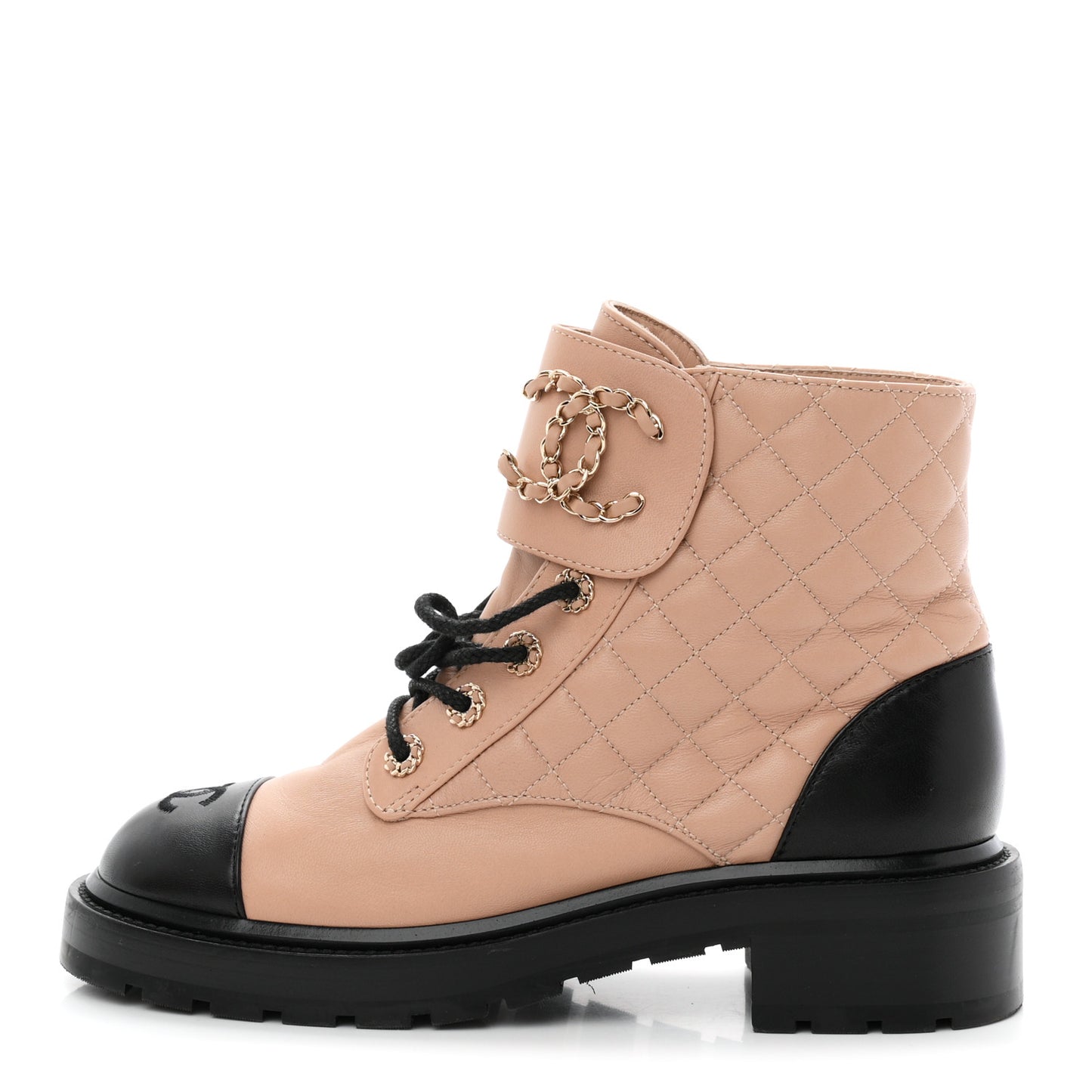 Shiny Lambskin Calfskin Quilted Lace Up Combat Boots 39.5 Beige Black