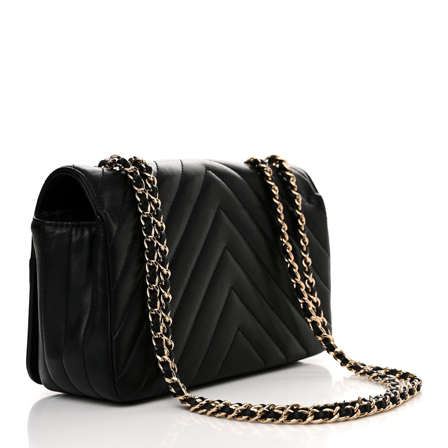 Calfskin Chevron Quilted Small Statement Flap Black