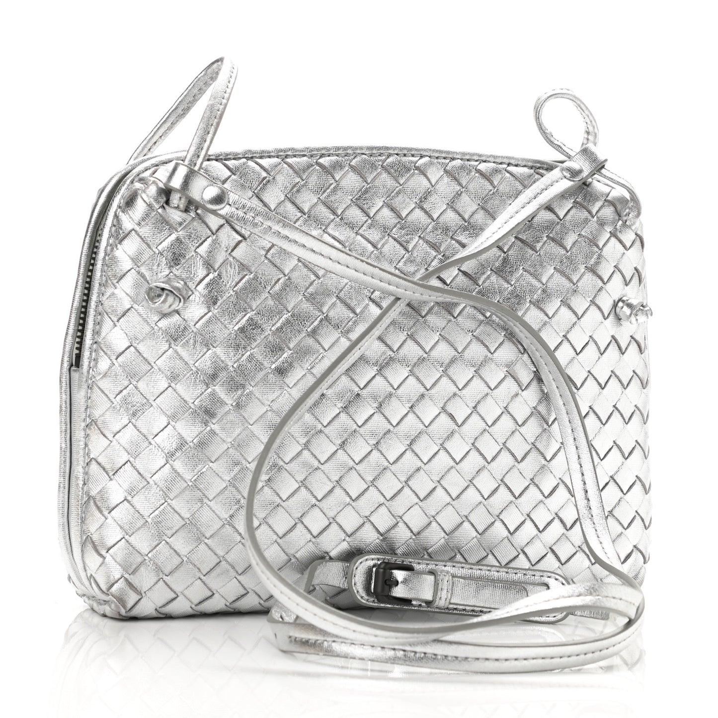 Metallic Grosgrain Intrecciato Nodini Crossbody Messenger Silver