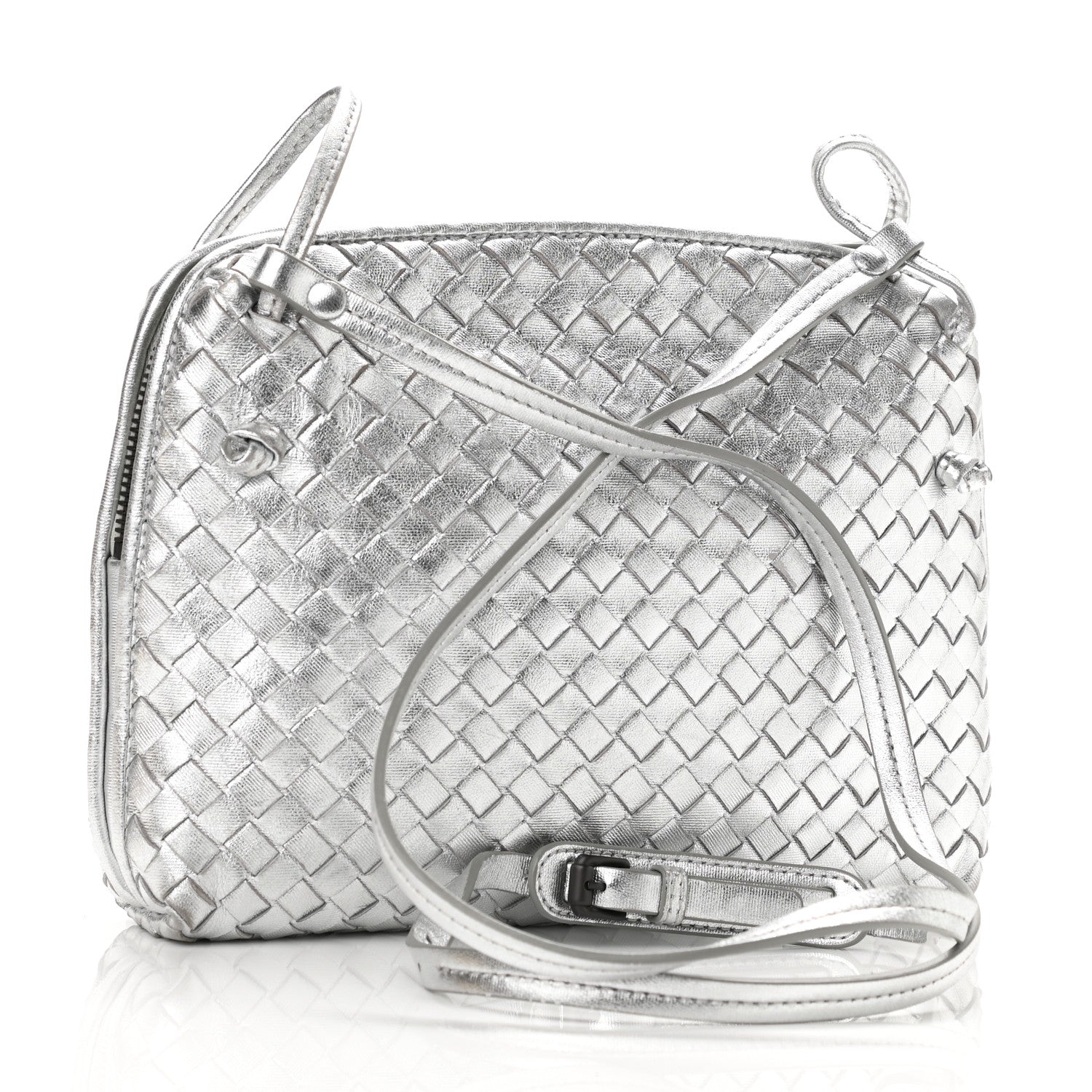 Bottega Veneta Metallic Grosgrain Intrecciato Nodini Crossbody Messenger Silver 3 of 10